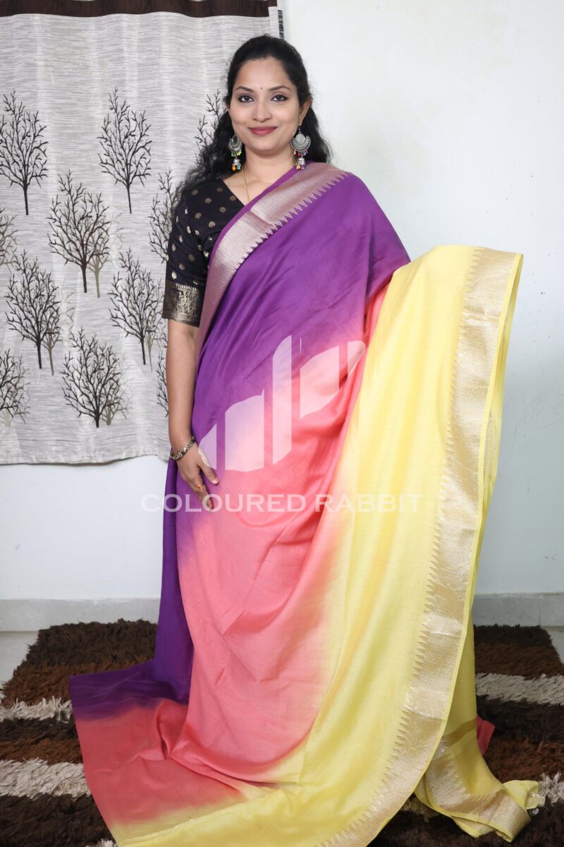 Chanderi silk cotton 3D ombre temple border saree| Shades of purple & yellow