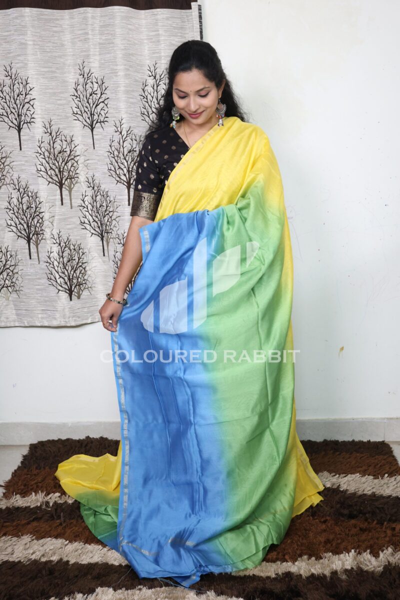 Chanderi silk cotton 3d ombre saree| Shades of Yellow & blue - Image 2