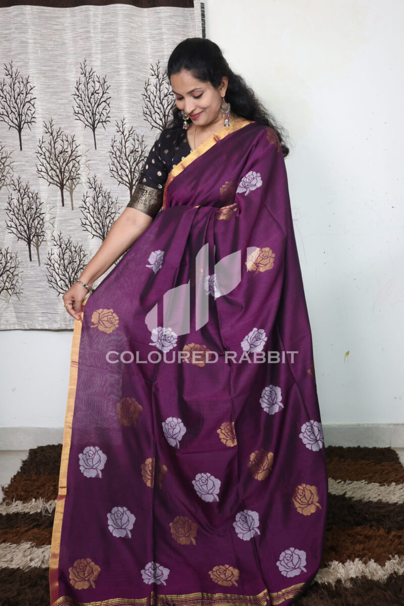 Pure mercerized cotton Rose jamdani saree| Dark Magenta colour - Image 2