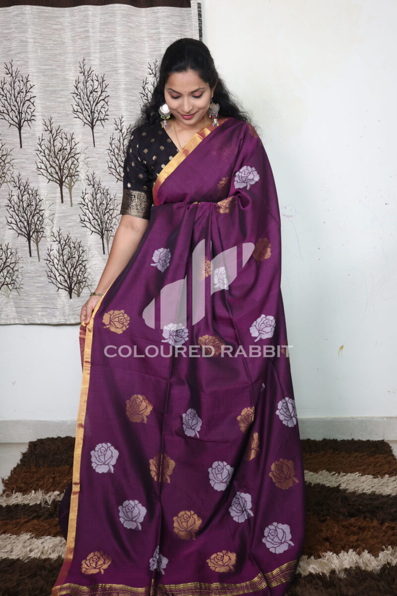 Pure mercerized cotton Rose jamdani saree| Dark Magenta colour - Image 3