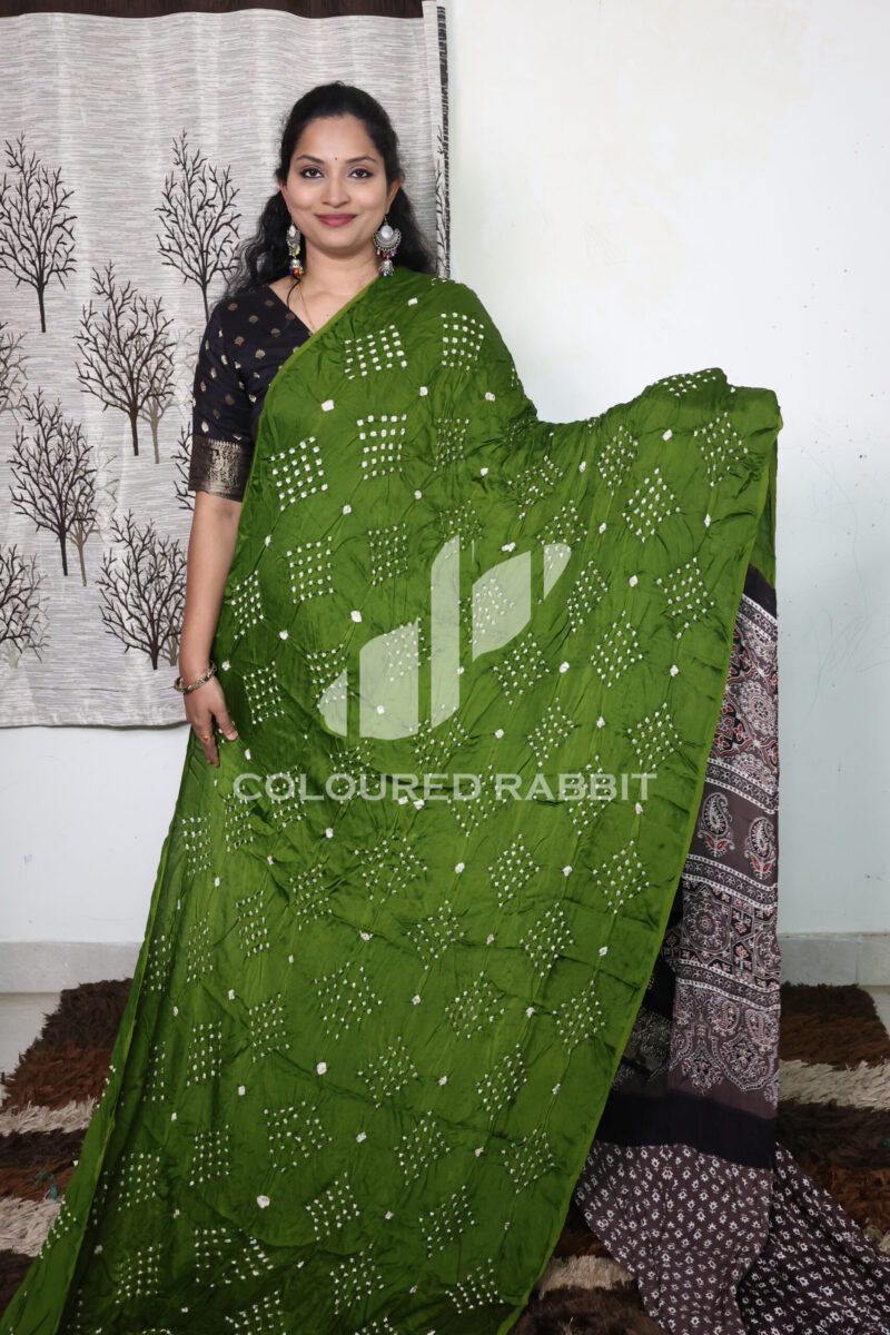 Pure Gajji silk Bandhini Ajrakh fusion saree | Mehendi green colour