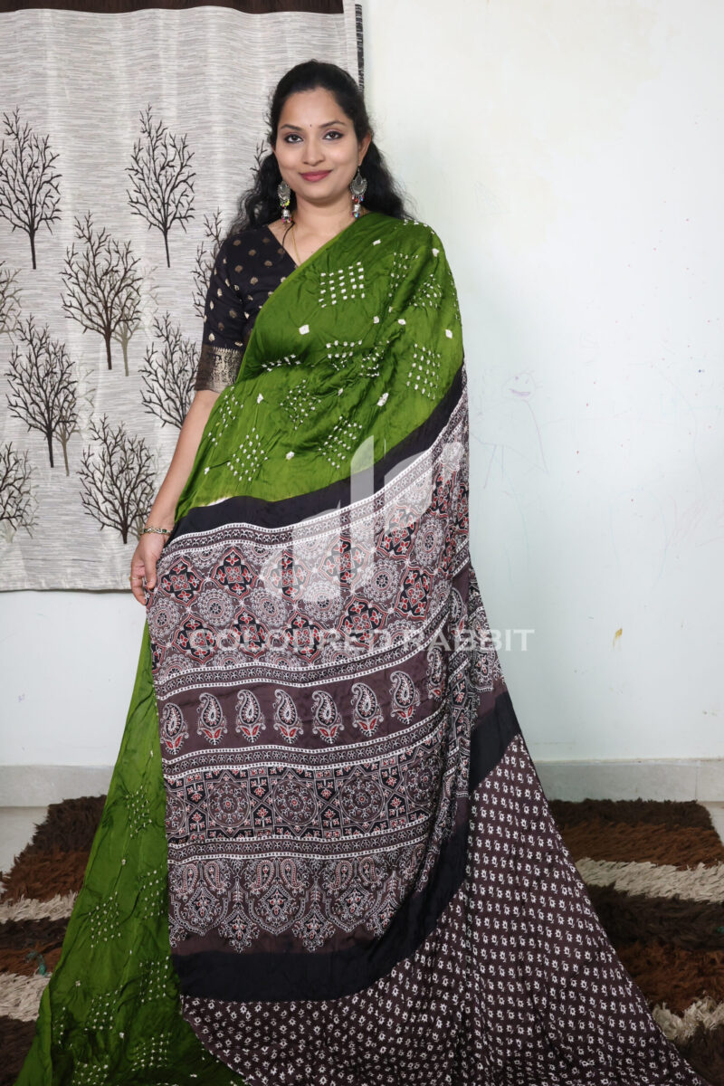 Pure Gajji silk Bandhini Ajrakh fusion saree | Mehendi green colour - Image 2