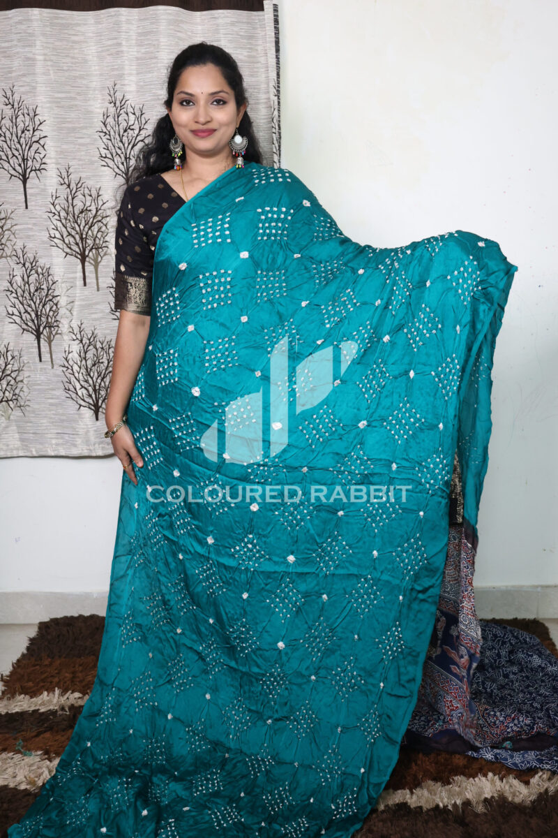 Pure Gajji silk Bandhini Ajrakh fusion saree | Rama green colour