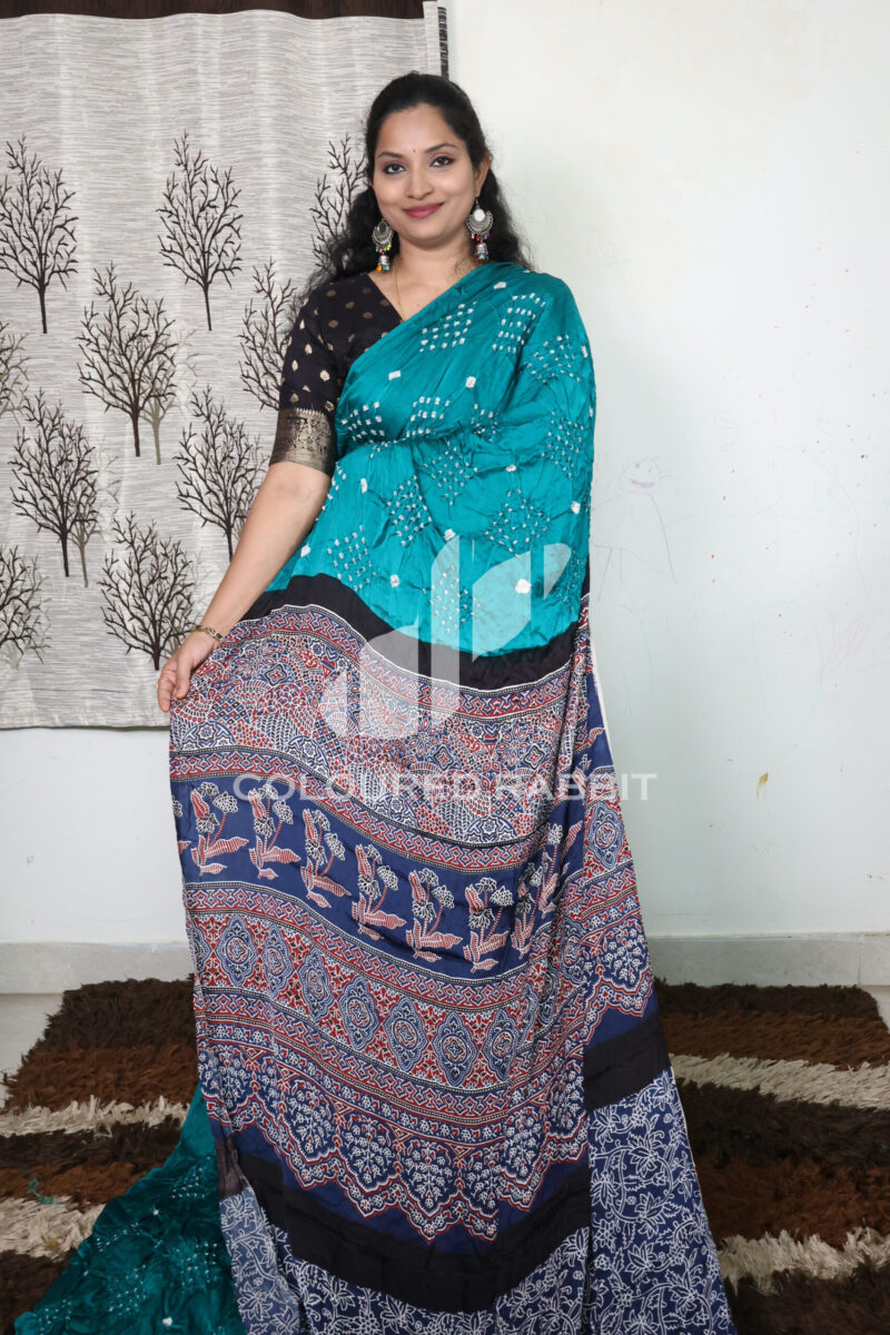 Pure Gajji silk Bandhini Ajrakh fusion saree | Rama green colour - Image 2