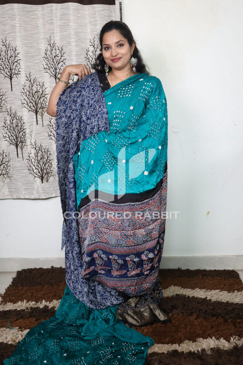 Pure Gajji silk Bandhini Ajrakh fusion saree | Rama green colour - Image 3