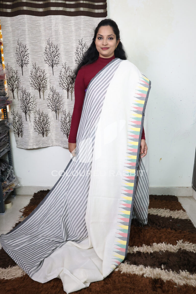 Pure Mercerized cotton half stripes temple jamdani border -White colour - Image 3
