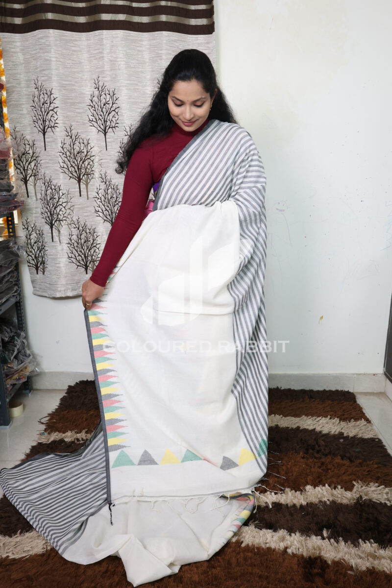 Pure Mercerized cotton half stripes temple jamdani border -White colour - Image 4