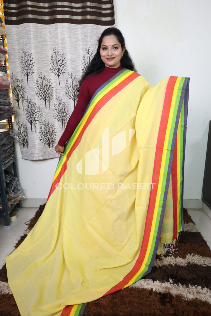 Pure Mercerized cotton Rainbow border- Yellow colour - Image 2