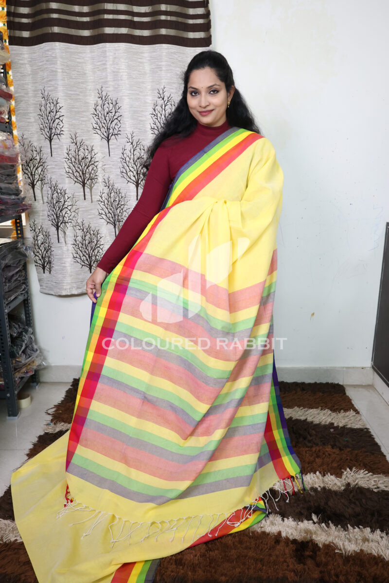 Pure Mercerized cotton Rainbow border- Yellow colour