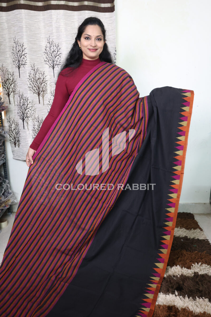 Pure Mercerized cotton half stripes temple jamdani border -Black colour