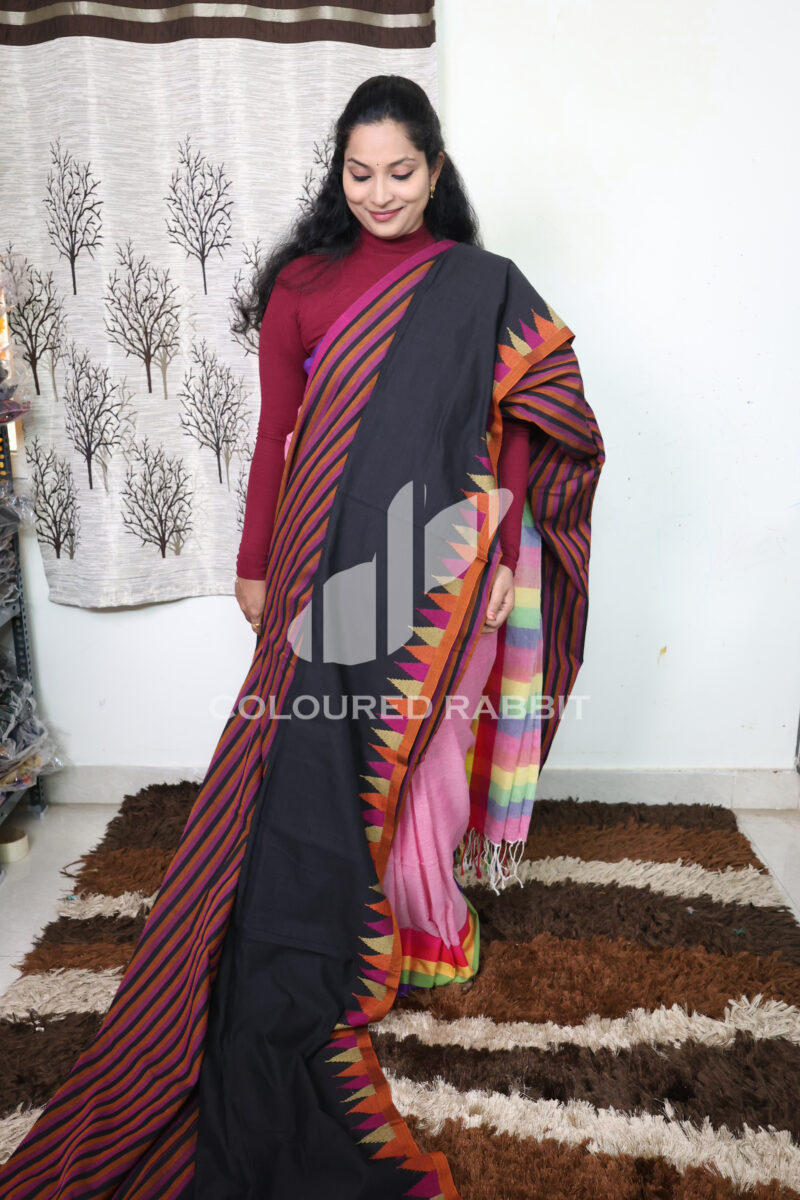 Pure Mercerized cotton half stripes temple jamdani border -Black colour - Image 2