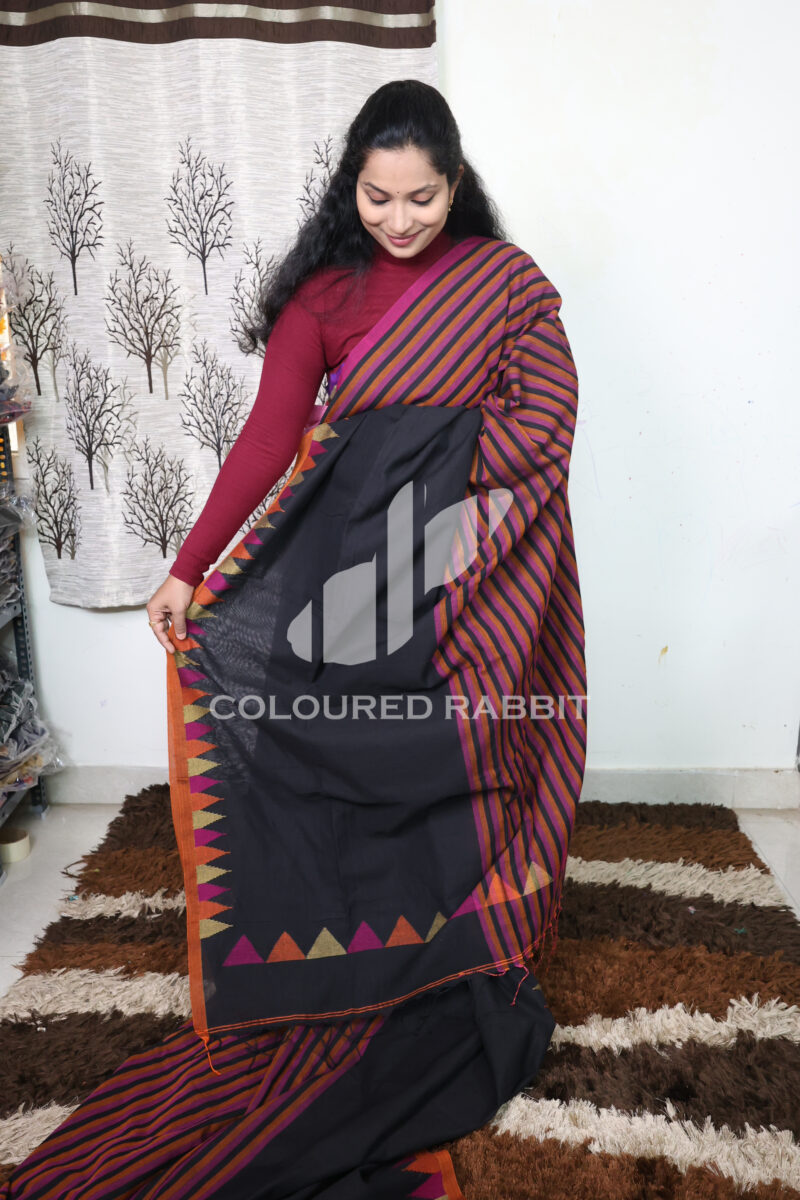 Pure Mercerized cotton half stripes temple jamdani border -Black colour - Image 3