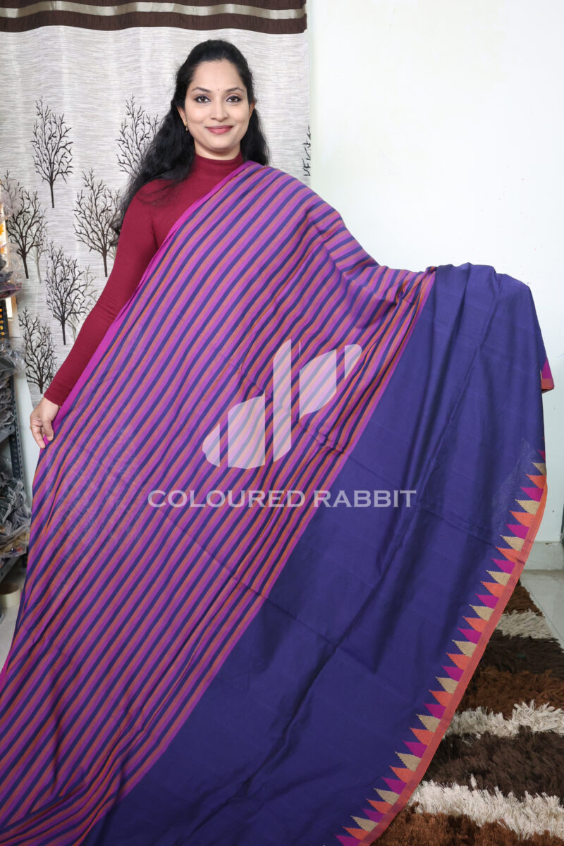 Pure Mercerized cotton half stripes temple jamdani border -Navy blue colour