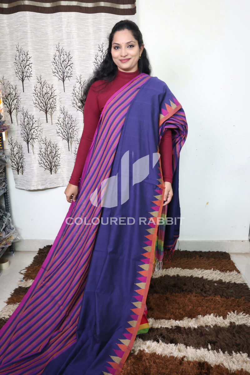 Pure Mercerized cotton half stripes temple jamdani border -Navy blue colour - Image 2