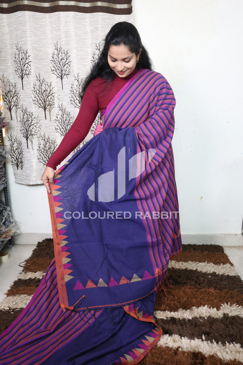 Pure Mercerized cotton half stripes temple jamdani border -Navy blue colour - Image 3