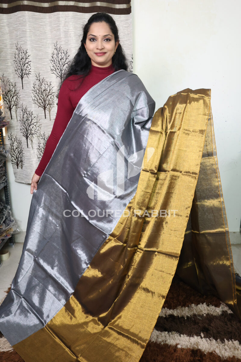 Pure Mul cotton dual shade tissue saree Grey & gold - Image 2