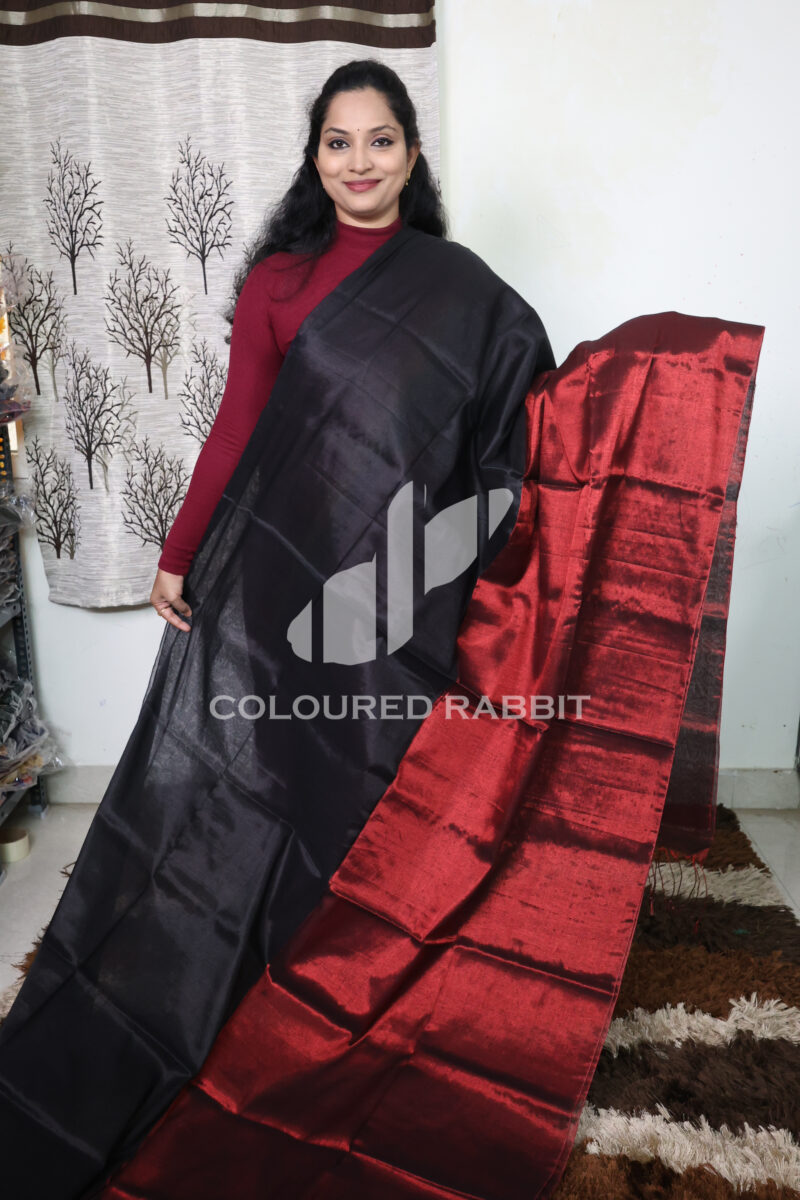Pure Mul cotton dual shade tissue saree Black & Ruby red - Image 2