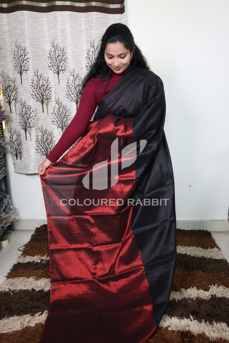 Pure Mul cotton dual shade tissue saree Black & Ruby red