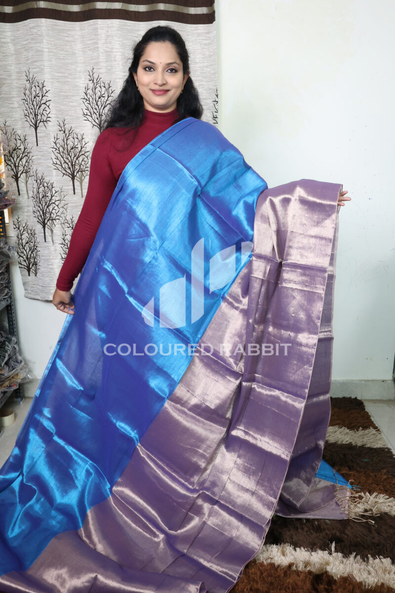Pure Mul cotton dual shade tissue saree- Blue & Lavenderish gold - Image 2