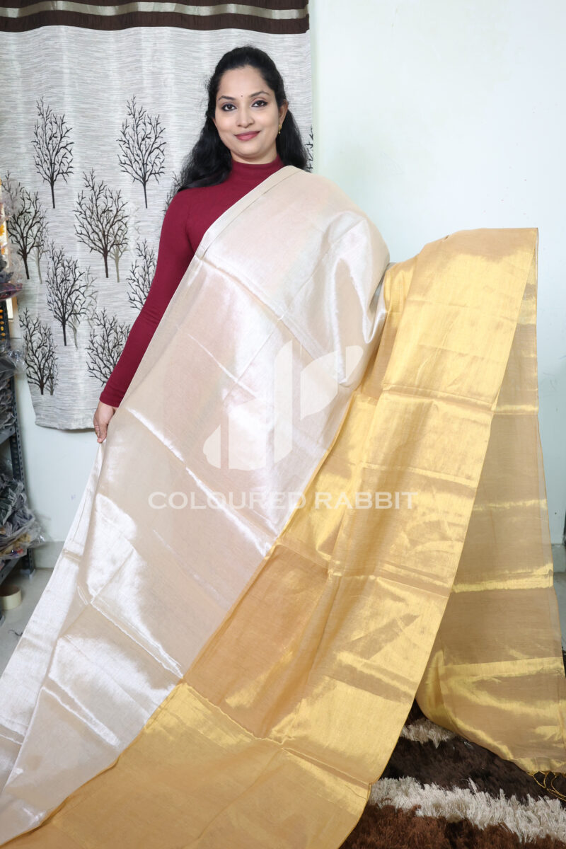 Pure Mul cotton dual shade tissue saree- Beige & gold colour - Image 2