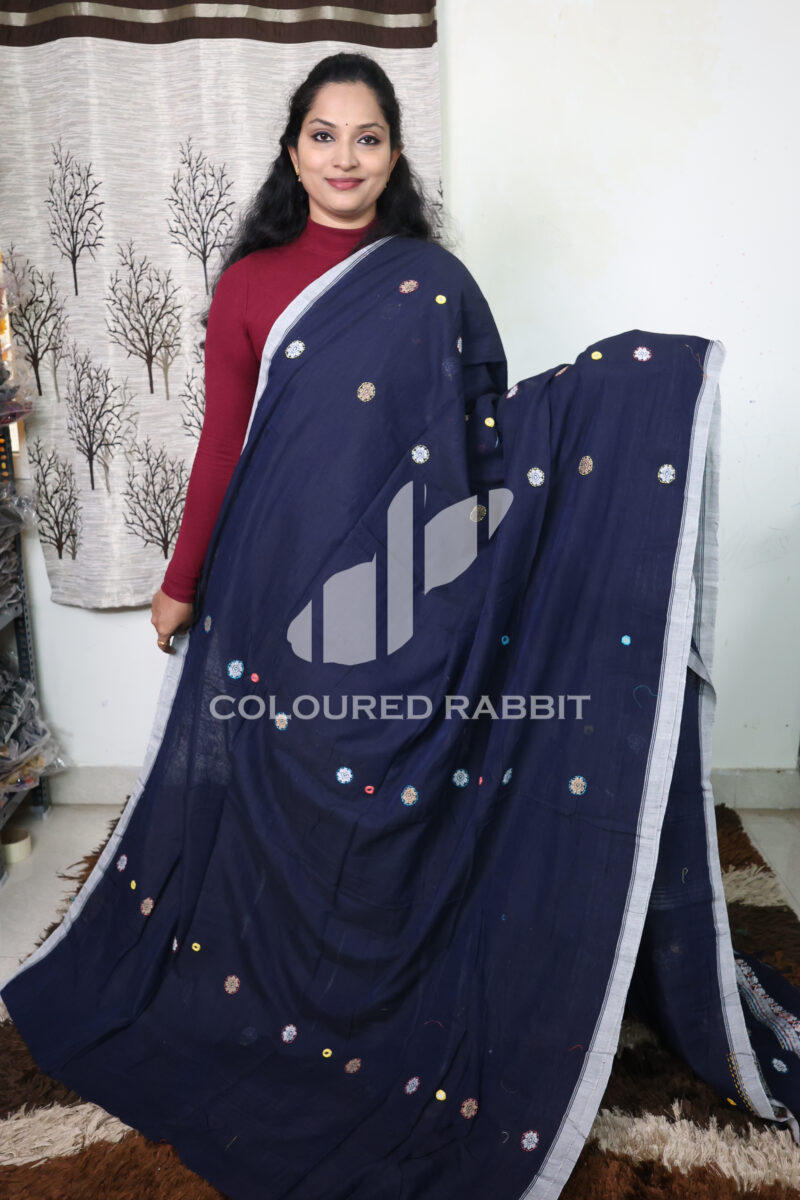 Pure Mercerized cotton meenakari flower butta kantha work -Denim blue colour - Image 2
