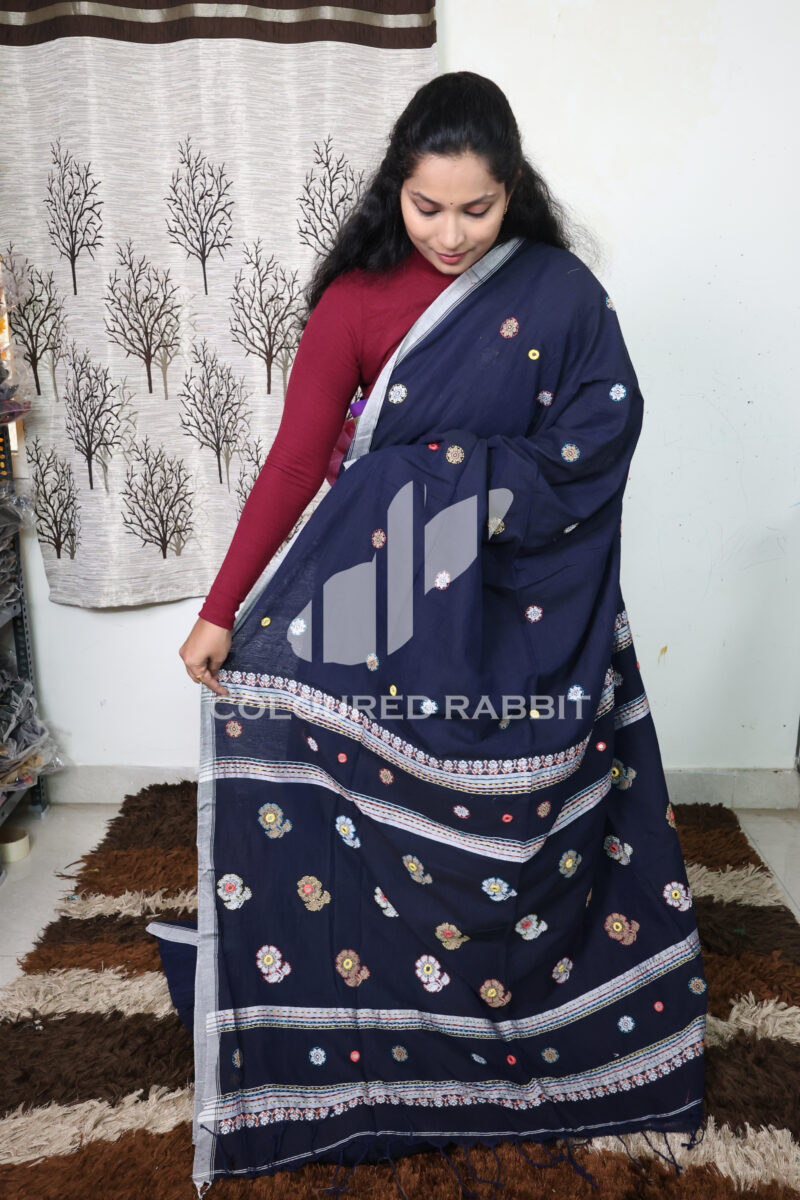Pure Mercerized cotton meenakari flower butta kantha work -Denim blue colour - Image 3