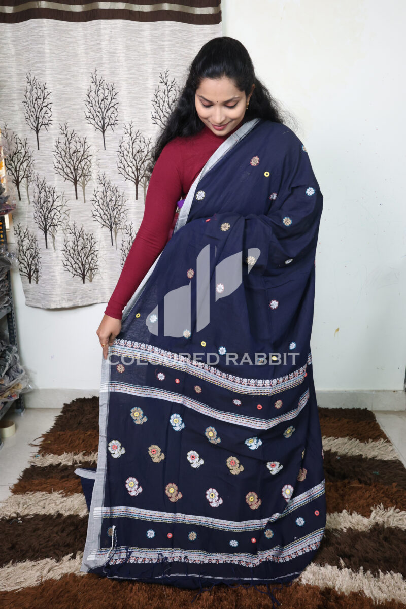 Pure Mercerized cotton meenakari flower butta kantha work -Denim blue colour