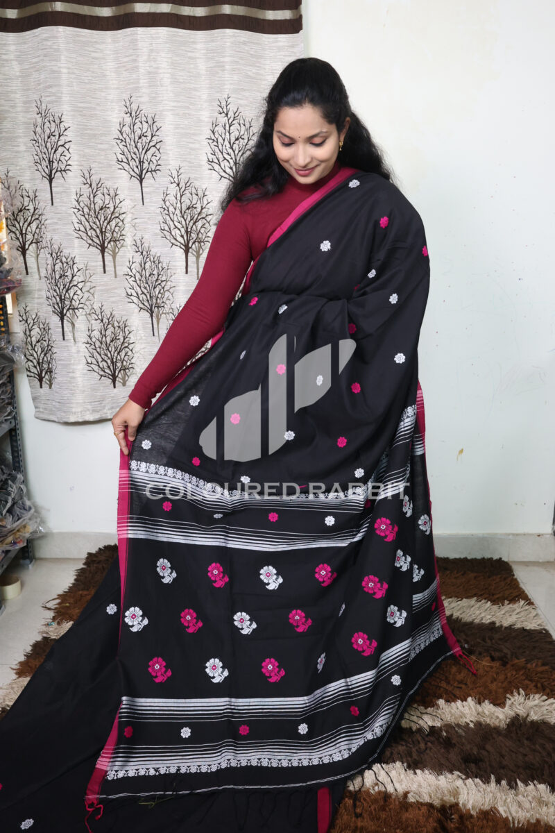 Pure Mercerized cotton meenakari flower butta -Black colour