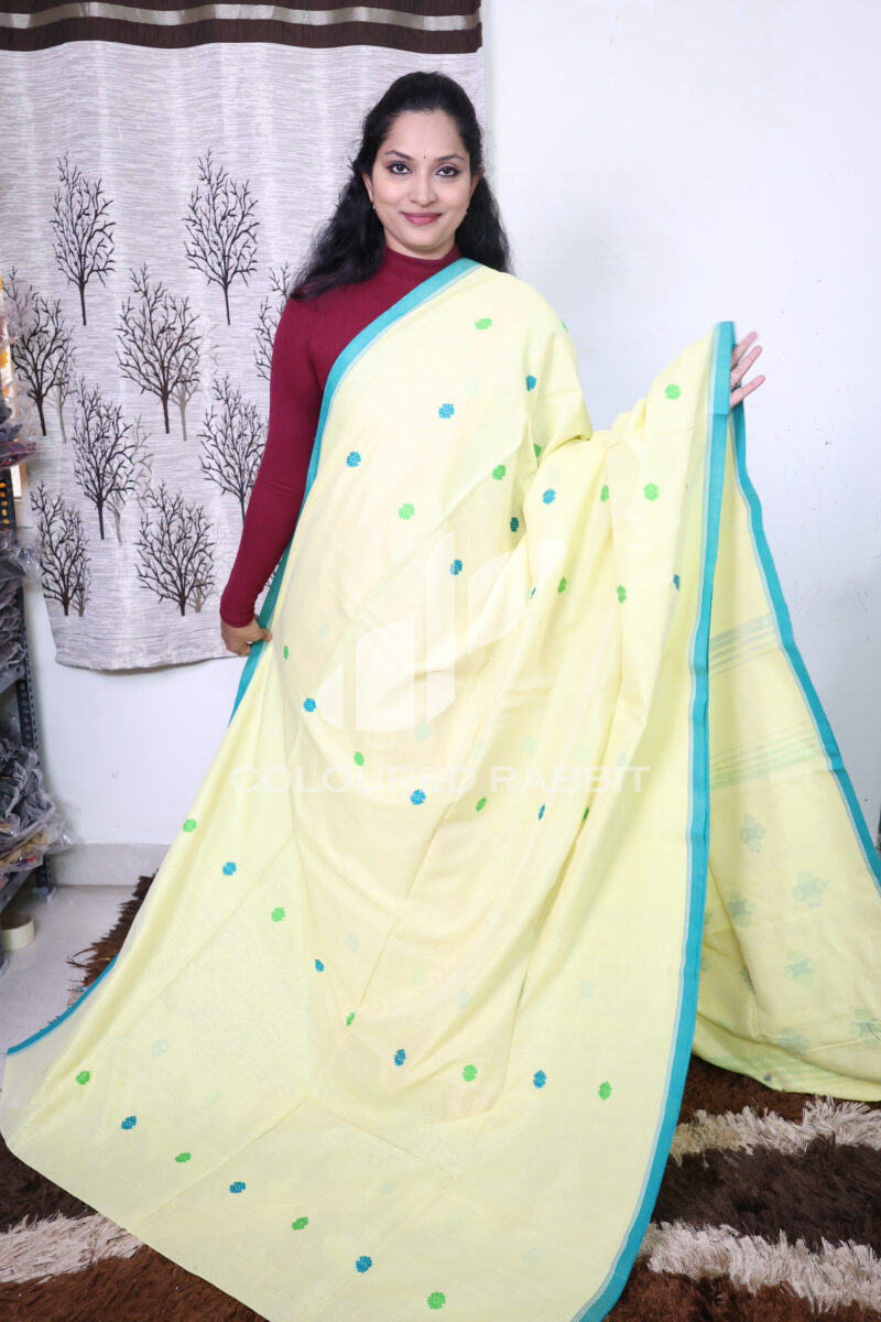 Pure Mercerized cotton meenakari flower butta -Lemon yellow colour - Image 2