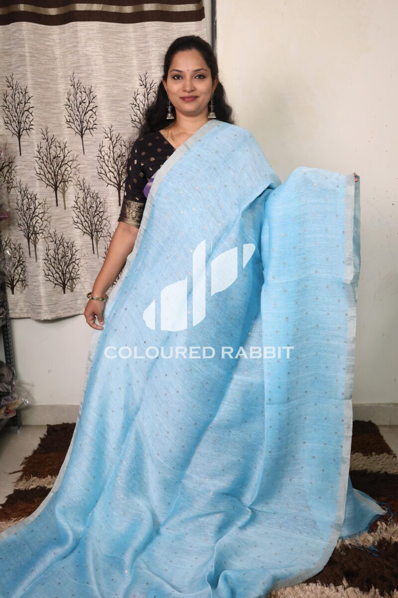 Pure silk linen sea shell weaving with muslin jamdani pallu - Sky blue