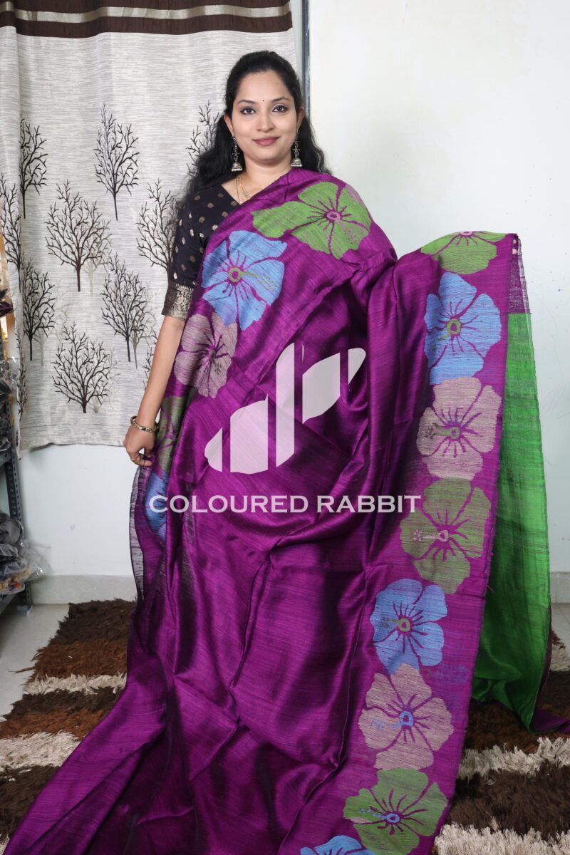 Pure Matka silk multicolour hibiscus jamdani saree - Magenta