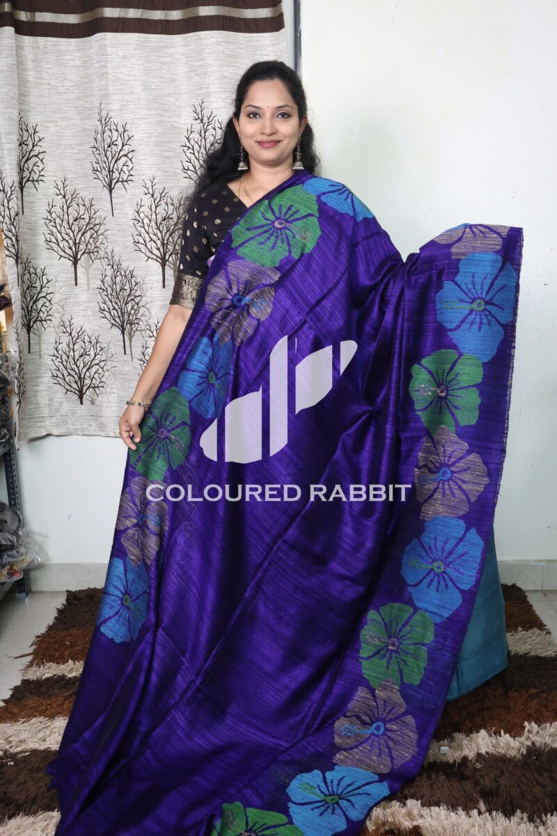 Pure Matka silk multicolour hibiscus jamdani saree - Dark blue