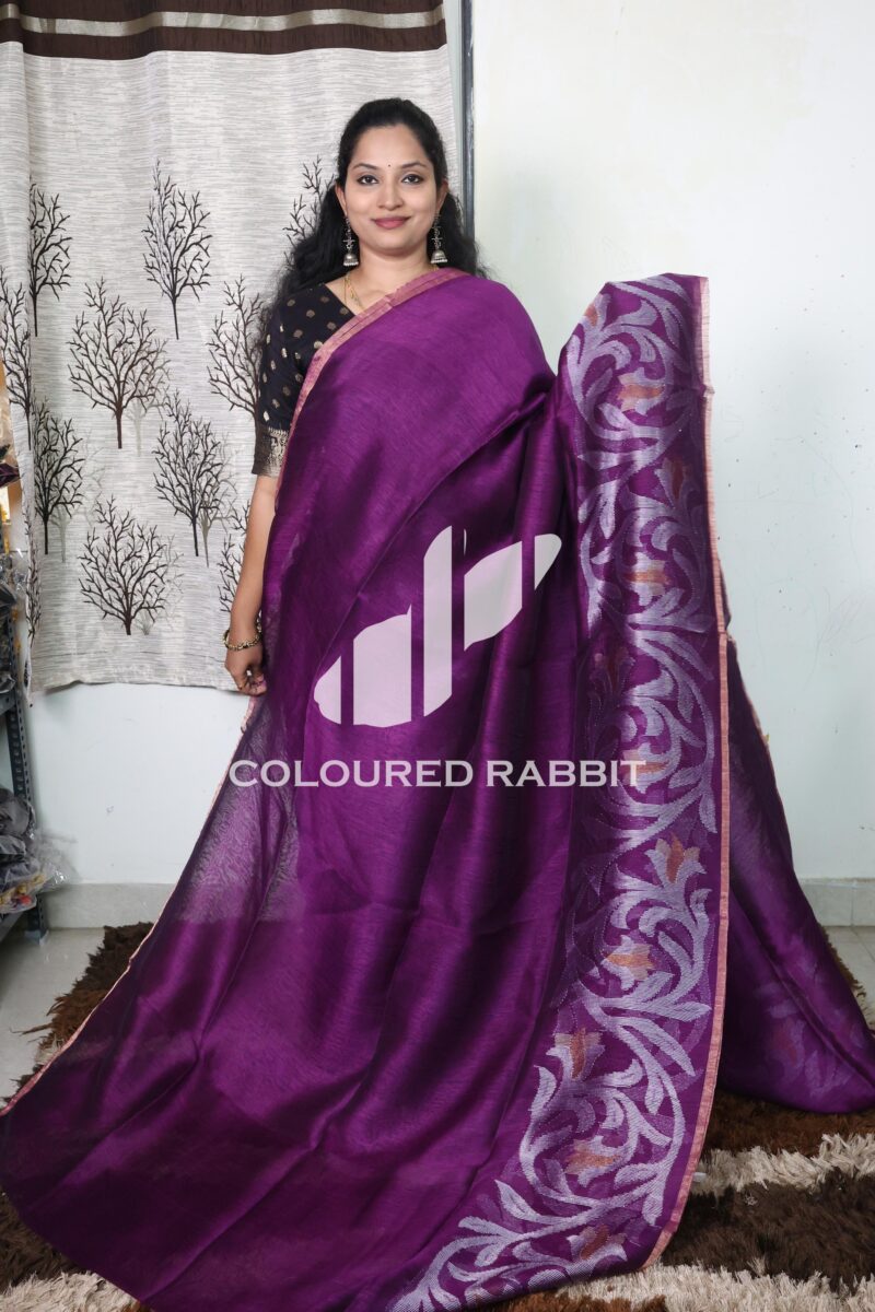 Pure Silk linen side jamdani saree - Magenta