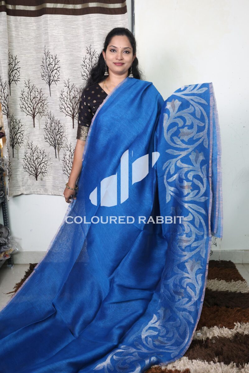 Pure Silk linen side jamdani saree - Azure Blue