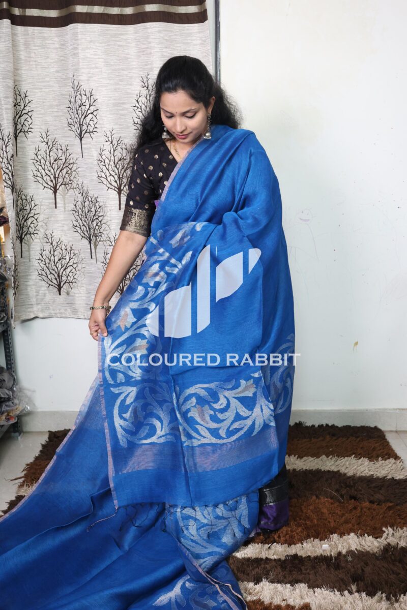 Pure Silk linen side jamdani saree - Azure Blue - Image 2