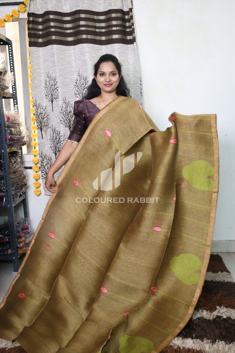 Pure Silk Linen lotus jamdani saree - Mehendi green