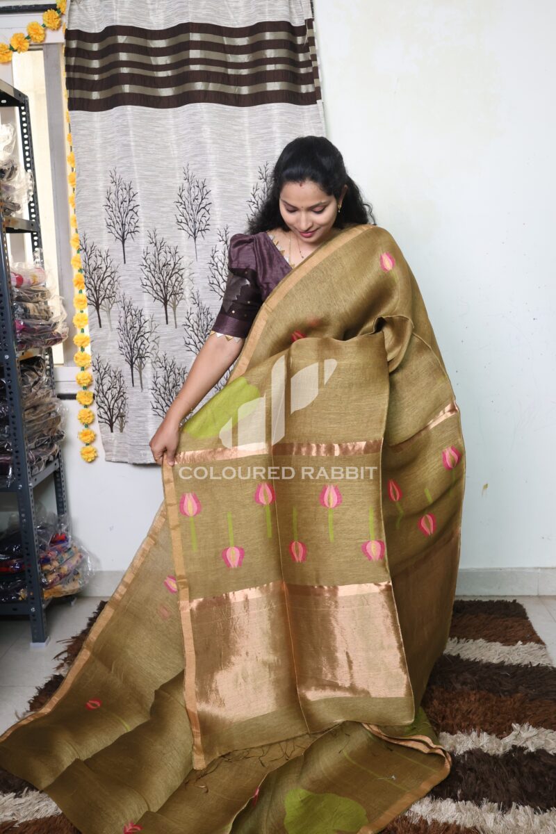 Pure Silk Linen lotus jamdani saree - Mehendi green - Image 2