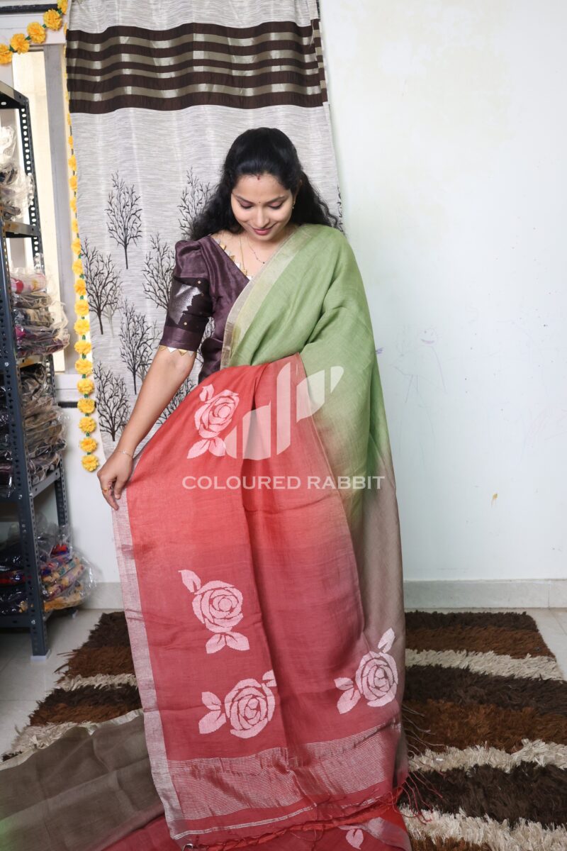 Pure 120 count Jaysree linen with Rose jamdani saree - Ombre 02 - Image 2