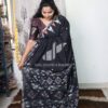 Pure mercerized cotton handwoven temple jamdani saree - Black - Image 2