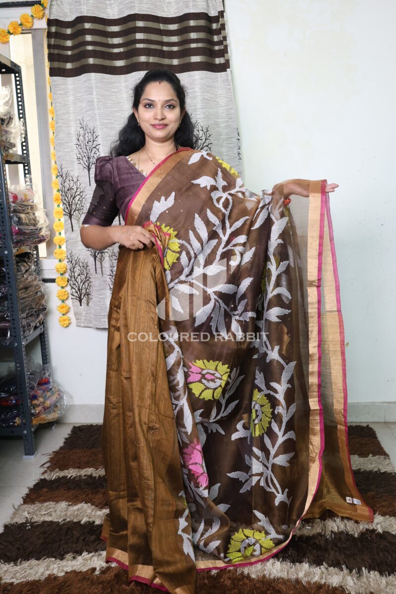 Pure Muslin & matka silk jamdani half saree model - Brown